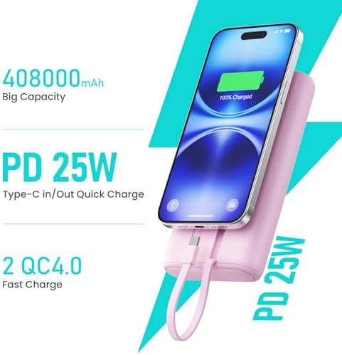 Ultra-High Capacity 40800 m Ah Portable Charger with Built-In Cables – 25 W PD USB C Fast Charging Power Bank – 5 Outputs & Dual Input for i Phone 16/15/14/13 & Samsung S23 – Stylish Pink Design for On-the-Go Charging Solutions