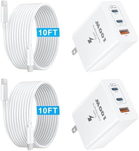 Ultimate 100 W USB-C Fast Charger with 3 Ports – Compact Ga N Multiport Wall Adapter & 10 FT USB-C Cables Duo for Rapid Charging of Mac Book Pro, i Phone 16/15/14/13, Samsung Galaxy, Pixel – Unmatched Versatility & Speed for All Your Devices