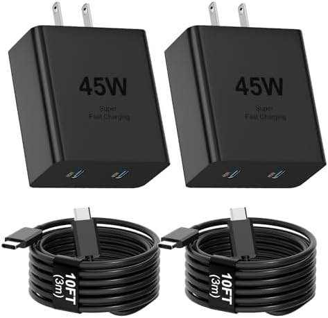 45 W Dual USB-C Fast Charger with 10 FT Cable for i Phone 16 & Galaxy S25 – Rapid Charging Solution for i Pad Pro/Air, Compact & Portable Power Block, Enhanced Device Compatibility