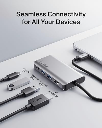 Transform your workspace with the Belkin USB C Hub – the ultimate 4-in-1 Multi-Port Docking Station designed for seamless connectivity and enhanced productivity. Featuring stunning 4 K HDMI output, this sleek device ensures crystal-clear visuals for your presentations and entertainment. With an impressive 100 Watt pass-through power delivery, you can keep your Mac Book Pro, Mac Book Air, i Pad Pro, or Chromebook fully charged while you work. Effortlessly connect your peripherals using the dual USB A ports, making it perfect for both professionals and students on the go. Compact and built for durability, this USB-C docking station is your essential companion for optimizing workflow and maximizing efficiency. Elevate your device connectivity experience with the Belkin USB C Hub today!