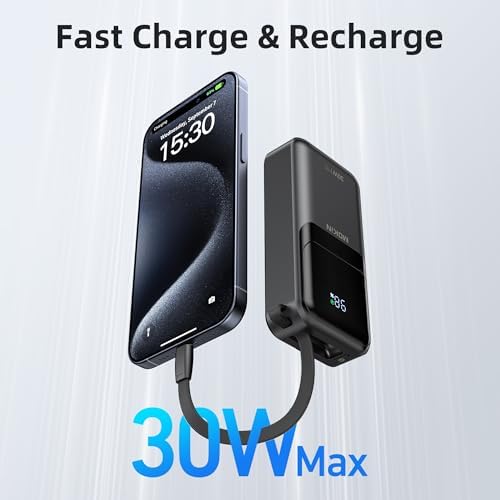 MOKi N 10,000 m Ah Ultra-Fast Portable Charger with Built-in Cables & Smart Digital Display – 30 W PD Power Bank for i Phone 16/15/14/13, Samsung Galaxy S23/S22/S21, Google Pixel – Compact Travel-Friendly Battery Pack with Safety Features & Multiple Charging Ports – Lightweight & Airline-Approved for On-the-Go Convenience