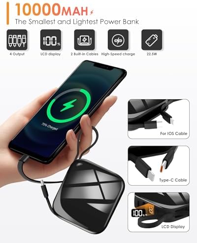 Ultra-Compact 10,000 m Ah Portable Power Bank – 22.5 W Fast Charging with Built-in i OS & USB-C Cables, Sleek LED Display, Lightweight Travel Charger for i Phone, Samsung & Android Devices – Stylish Purple Design for Modern Users