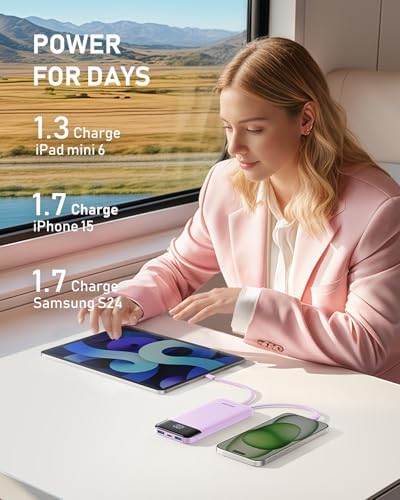 Ultra-Slim 10,000 m Ah Charmast Portable Charger with Built-In Cables – High-Speed 15 W USB-C Power Bank for i Phone 16/15/13, Samsung, and Android Devices – Charge 6 Devices Simultaneously with Real-Time LED Display – Travel-Friendly Battery Pack with Pouch for Added Durability and Low Current Mode for Safe Charging of Earphones and Speakers – Essential Power Solution for Daily Use and On-the-Go Charging