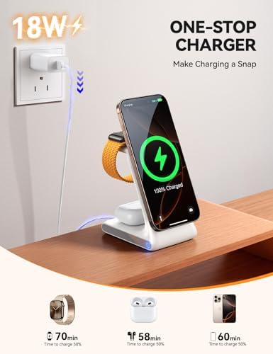 Revolutionize Your Charging Routine with JOYROOM 3-in-1 Wireless Charging Station – Fast 15 W Power Hub for i Phone 16, 15, 14, 13, Apple Watch, and Air Pods – Mag Safe Compatible with Sleek Design for Organized Tech Space and Enhanced Device Protection