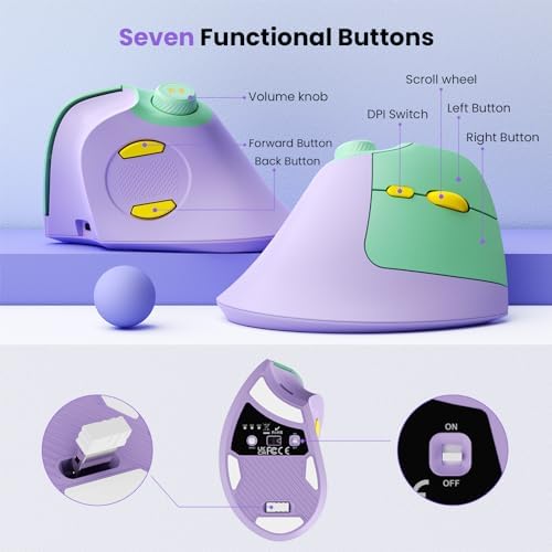 seenda Purple Ergonomic Vertical Wireless Mouse – Rechargeable Dual Bluetooth & USB Connectivity, Multi-Device Compatible with Quiet Clicks & Volume Control Knob for Windows, Mac, PC & Laptop – Comfort & Style Combined