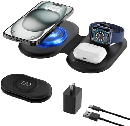 3-in-1 Wireless Charging Station for Apple Devices – Fast Magnetic Charger for i Phone 15/14/13/12/Pro Max/SE/11/XS/XR/8, Apple Watch 9-2, and Air Pods – Streamlined Power Solution for Home and Travel – Sleek, Compact Design for Enhanced Compatibility and Speed