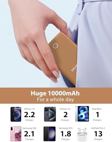 miisso 10000 m Ah Ultra-Slim Portable Power Bank with Integrated Charging Cables – Multi-Device USB-C Travel Charger for i Phone & Samsung – Compact, Lightweight Battery Pack Designed for Maximum Portability and Efficiency