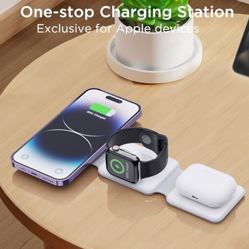 Ultimate 3-in-1 Mag Safe Charging Station for Apple Devices – Efficient Travel Wireless Charger for i Phone 15/14/13/12, Air Pods & Apple Watch in Sleek White Design for Seamless Compatibility and Fast Charging Experience