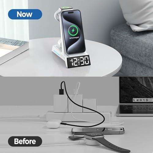 Revolutionize Your Charging Routine with the 4-in-1 Wireless Charging Station Featuring Alarm Clock – Ideal Dock for i Phone 16, 15, 14, 13, 12, 11, X, 8, Air Pods 3/Pro & Apple Watch Series 9-2 – Ultimate Speed & Compatibility for Modern Devices