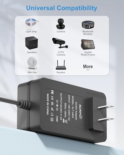 Reliable 24 V 3 A AC Adapter for LED Strip Lights & CCTV Systems – 72 W Power Supply with 6.2 FT Cord – Universal Transformer with 5.5 x 2.1 mm Connector and Advanced Safety Features for Enhanced Device Performance and Durability