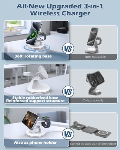 Ultimate 3-in-1 Mag Safe Charging Station: 15 W Fast Wireless Charger with 360° Rotating Dock for i Phone 16/15/14/13/12, i Watch, and Air Pods – Enhanced Magnetic Alignment, Anti-Slip Design, and Dual Orientation Stand for Seamless Charging Experience