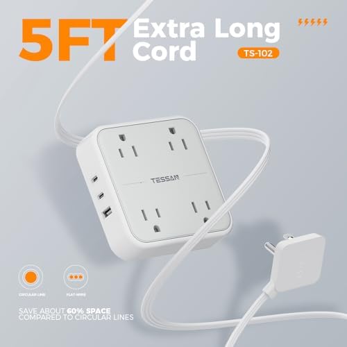 TESSAN 5 FT Flat Extension Cord Surge Protector – 4 Outlet Power Strip with 3 USB C Ports (1 USB C) for Fast Charging, 900 Joules Electronics Protection, Space-Saving Design for Home, Office, and Dorm Use, Enhanced Compatibility and Efficiency