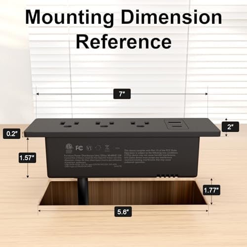 Recessed Drawer Power Strip Kit: Clutter-Free Charging Solution with PD 20 W Fast Charge, Dual USB Ports (Type A & C), and Dual 12 Amp AC Outlets – 7.2 FT Cord for Flexible Setup and Enhanced Workspace Efficiency