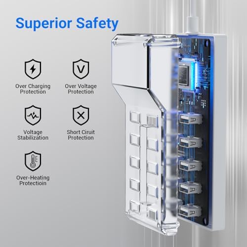 Ultimate 10-Port USB Charging Hub – 50 W Fast Multi-Device Charger Station Compatible with i Phone, Galaxy, i Pad, and More – Smart Power Distribution for Home & Office Use – Sleek, Compact Design for Travel Convenience