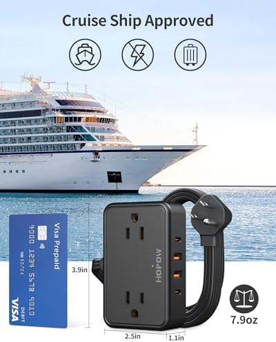 Ultra Slim 6 Ft Flat Plug Extension Cord – Travel-Friendly Power Strip with 4 Wide-Spaced AC Outlets & 4 USB Ports (2 USB-C) for Fast Charging – Ideal for Cruise Ships, Home & Office Use, No Surge Protection Required