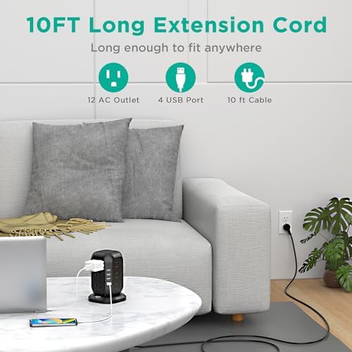 Ultimate Power Strip Tower with USB Ports – Ai Joy 12 AC Outlet Surge Protector and 4 USB Charging Station with 10 Ft Extension Cord, Overload Protection for Home, Office, and Dorm Use – Space-Saving Design for Enhanced Device Compatibility and Fast Charging