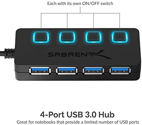 SABRENT 4-Port USB 3.0 Hub with Individual LED Power Switches – Ultra-Slim, Portable Design with 2 Ft Cable for Effortless Data Transfer – Compatible with Mac & PC, Perfect for Home and Office Use