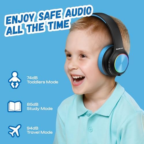 Vibrant Power Locus PLED Kids Bluetooth Headphones – Safe Volume Control (74/85/94 d B), Fun LED Lights, Hi-Fi Sound, Built-in Microphone & Multi-Connectivity for Travel, Learning & Play – Perfect Over-Ear Design for Children