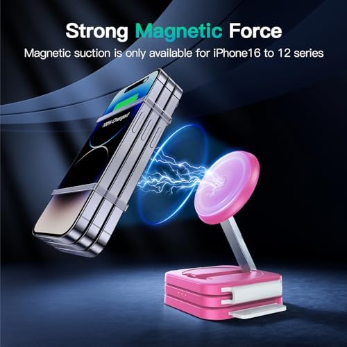 Versatile 3-in-1 Magnetic Charging Station: Travel-Friendly Wireless Charger for i Phone 16/15/14/13/12, Apple Watch & Air Pods 4/3/2 – Foldable & Chic Pink Design for Seamless Power on the Go – Enhanced Speed & Compatibility for All Your Apple Devices