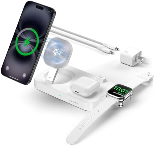 Revolutionize Your Charging Setup with the Qi2 Wireless Charging Station Trident – 15 W Fast Charger for Smartphones, Air Pods, and Apple Watch – Qi2 Certified, Dual USB-C Ports for Smartwatch, Whisper-Quiet Operation, Adjustable LED Indicator, Sleek White Design for Modern Aesthetics – Ultimate Device Compatibility and Speed in One Compact Solution