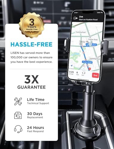 LISEN Enhanced Stability Cup Phone Holder for Car – 360° Rotatable Mount for Safe Hands-Free Navigation in Trucks, Jeeps & More – Compatible with i Phone 16/15/14/13 Pro Max & Samsung S25 – No Shake Design for 4-7” Devices – Ideal Automobile Accessory for Every Driver