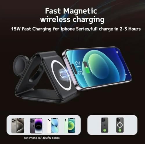 Revolutionize Your Charging Routine with the 3-in-1 Magnetic Wireless Charger Dock for Apple Devices – Portable Foldable Design for Fast Charging i Phone 12-16, Apple Watch & Air Pods – Sleek Black Finish for Home & Travel Convenience – Ultimate Multi-Device Charging Solution
