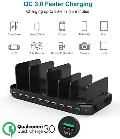 Unitek Quick Charge 3.0 Multi USB Charging Station – 10-Port Fast Charger for i Phone, i Pad, Tablets, and Kindles – UL Certified Safety with Sleek Black Design for Home and Office Use – Enhance Device Lifespan and Efficiency