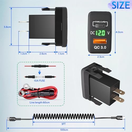 Qidoe Dual USB C Car Charger for Toyota: Fast Charging with QC3.0 & PD3.0, LED Voltmeter & Type C Cable – Perfect for FJ Cruiser, Tundra, 4 Runner & Hilux (2003-2006, 2005-2014), Elevate Your Driving Experience with Enhanced Compatibility and Speed