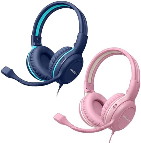 Stylish Pink Kids’ Headphones with Noise-Canceling Boom Mic – Simolio Wired On-Ear Stereo Headset for School, Gaming & Learning – Comfortable, Safe Volume Control & Durable Design for Girls, Teens & Students