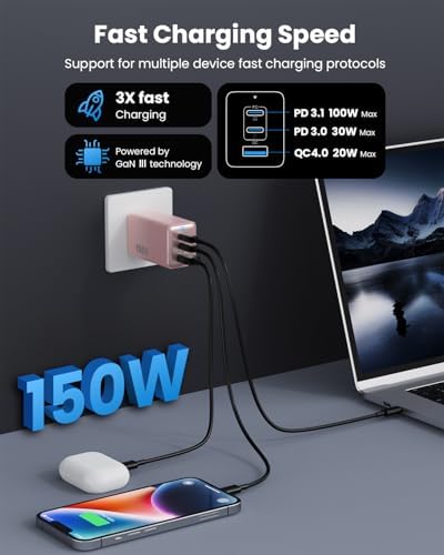 Ultimate 150 W USB-C Charging Hub – Compact Multi-Device Power Adapter with 3 Fast-Charging Ports for Mac Book Pro, i Phone 16, Galaxy S24, and Dell Laptops – Enhanced Efficiency with Ga N Technology for Professionals on the Go