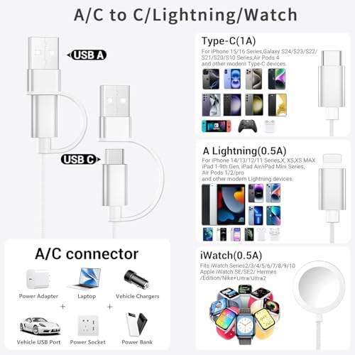 Ultimate 3-in-2 USB C Fast Charging Cable for Apple Watch & i Phone | 4 FT Multi-Device Charger for Apple Watch Ultra/Series 10-3 & i Phone 16-12, Galaxy S25 | Streamlined Power Delivery & Clutter-Free Solution for Busy Lifestyles