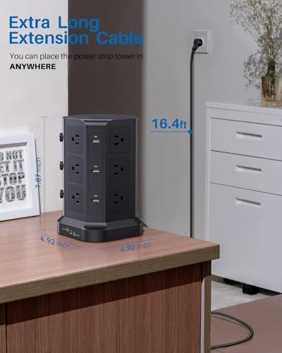 KOOSLA Power Strip Tower – 12 AC Outlets & 6 High-Speed USB Ports with 15 A Surge Protection – 6.5 ft Heavy-Duty Extension Cord for Home Office & Dorm Room – Compact Design for Efficient Power Distribution – Versatile Charging Station for Multiple Devices