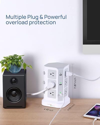 KOOSLA Power Strip Tower – 12 AC Outlets & 6 High-Speed USB Ports with 15 A Surge Protection – 6.5 ft Heavy-Duty Extension Cord for Home Office & Dorm Room – Compact Design for Efficient Power Distribution – Versatile Charging Station for Multiple Devices