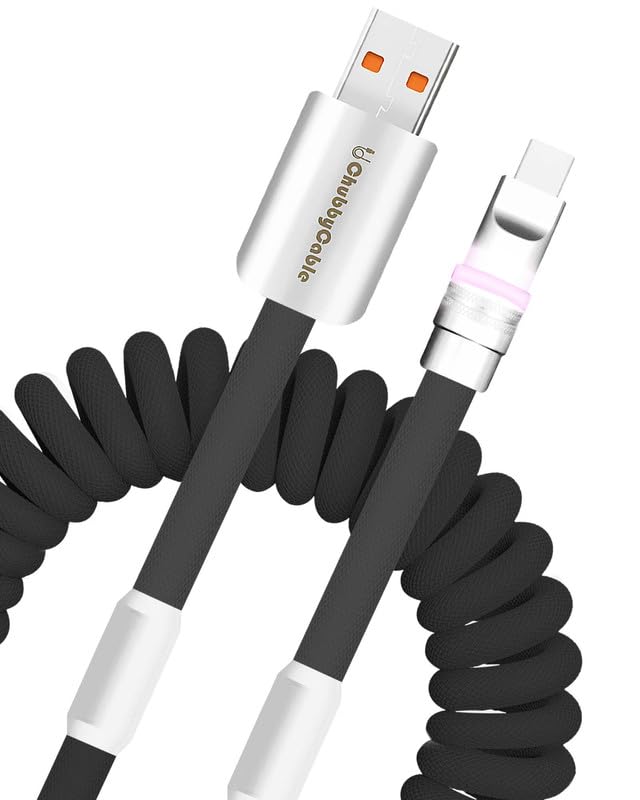 Neon Chubby Spiral Charge Cable – Vibrant 2.29-3.6 FT Type-C Coiled Charger for USB-C and Carplay Devices, Fast Sync and Charge, Tangle-Free Design in Bold Purple and Light Green, Perfect for Smartphones and Tablets