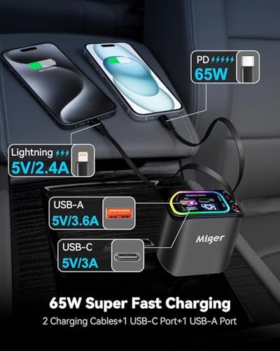 Miger 4-in-1 Retractable Car Charger – 100 W Fast Charging USB-C Adapter with Dual USB Ports for i Phone 16/15/14/13/12/11 & Galaxy Devices – Tangle-Free Design for Ultimate Convenience and Enhanced Compatibility