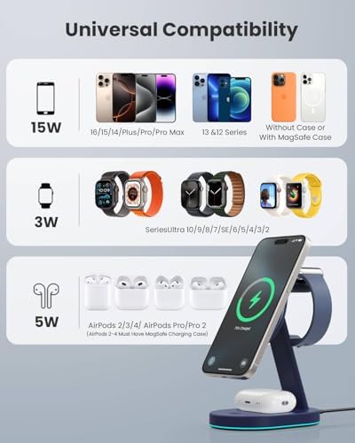 Ultimate 3-in-1 Wireless Charging Station for i Phone, Apple Watch, and Air Pods – Qi2 Certified 15 W Magnetic Charger with 30 W USB-C Adapter & Integrated Night Light – Streamlined Design for i Phone 16/15/14/13/12 – Superior Speed and Enhanced Compatibility for Modern Tech Users
