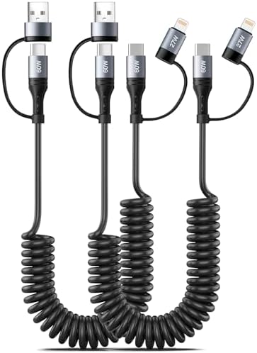 Versatile Coiled Lightning Cable Set [2-Pack, 4 FT] – 4-in-1 Premium MFi Certified Fast Charging Cable with 60 W Power Delivery, Retractable Design for i Phone 15/14/13/12/11 Pro Max, i Pad, Air Pods & Mac Book – Tangle-Free Convenience for Home & Travel