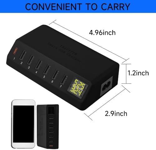 High-Power 7-Port USB Charging Hub with LED Display – 60 W/12 A Multi-Device Power Station for i Phone 14/13/12, Galaxy Tablets, Pixel, Headphones & More (Sleek Black) – Efficient PD20 W Rapid Charging Solution for Home & Office Use