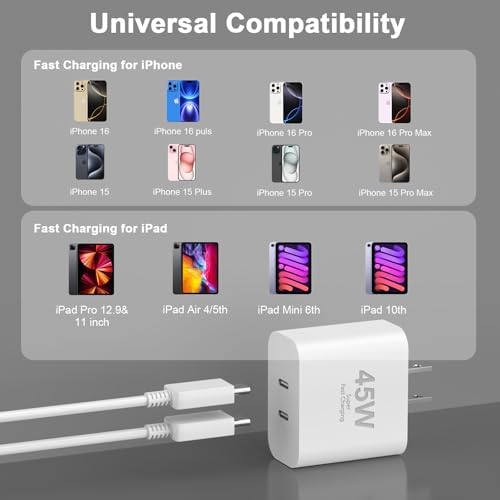 High-Speed 45 W USB-C Charger Duo for i Phone 15 & 16 Series | Includes 10 FT C-C Charging Cables | Dual Port Fast Charging Block with Safety Features | Ideal for Home, Office, and Travel Use