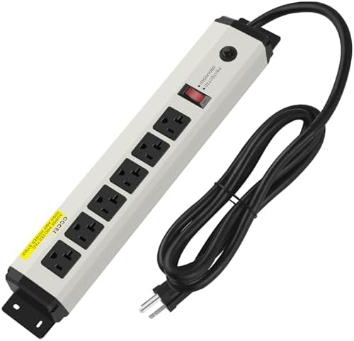 CCCEI 12 Gauge Heavy Duty 20 Amp Power Strip Surge Protector with 6 Outlets and 4800 Joules – Industrial Metal Power Strip with 6 FT Extension Cord for Garage and Workshop Use – Reliable Surge Protection for High-Demand Appliances and Tools