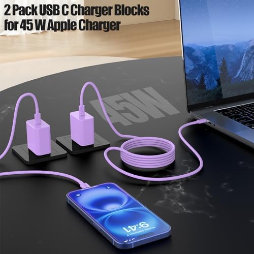 45 W USB-C Fast Charger Bundle for i Phone 16/16 Pro Max & 15/15 Pro Max – 2-Pack 10 FT Type C Cables, PD 3.0 Power Delivery Adaptor for i Pad Pro, Mac Book Air/Pro M1/M2, Air Pods – Stylish Purple Design with Enhanced Charging Speed and Compatibility