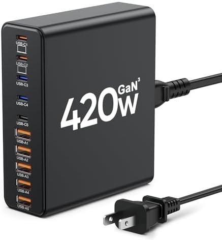 Ultimate 420 W Ga N Multi-Device Charging Hub – 10-Port USB C & A Wall Charger for Mac Book, i Phone, i Pad, Dell XPS, and Samsung Galaxy – Rapid Smart Charging Station with Advanced Safety Features for Efficient Power Management