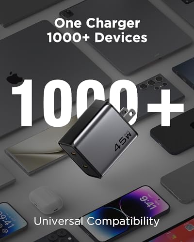 PISEN 45 W Ga N Dual USB-C Wall Charger – Compact Fast Charging Solution for i Phone 16, i Pad Pro, Samsung Galaxy S23 Ultra, and Mac Book – Foldable Design for Ultimate Portability and Enhanced Compatibility with PD & PPS Technology