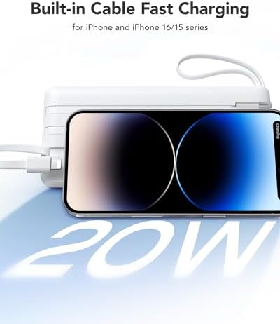 Ultimate 20000 m Ah VRURC Portable Charger with Built-in Cables – Fast Charging Power Bank for Travel, PD & QC 3.0 Compatible, 4 Output Ports & Dual Input, Ideal for i Phone, Samsung, Android Devices – Compact & Durable Battery Pack for On-the-Go Power