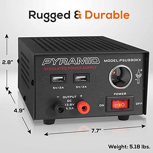 Pyramid Universal Compact Bench Power Supply – 7 Amp AC-DC Converter with 13.8 V Output, Dual USB Charging Ports, and Cigarette Lighter Adapter for Optimal Performance in CB Radios and HAM Systems – Reliable Power Solution for Home Labs and Workshops