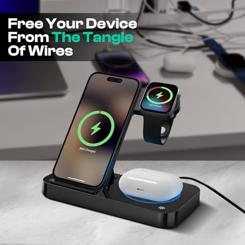 Ultimate 4-in-1 Wireless Charging Station for i Phone, Apple Watch, and Air Pods – Fast Qi-Certified Dock with Foldable Design, Extra USB Port, and Sleek Black Finish for Enhanced Device Organization and Efficiency