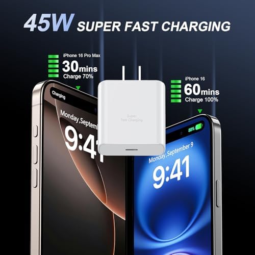 Accelerate Your Power Needs with Our 45 W Ultra-Fast USB-C Charger for Phone 16 Series – Includes a 10 ft Type C Cable in Eye-Catching Purple – Perfectly Crafted for Swift Power Delivery to Phone 16 Pro, Max, Plus & Earlier Models – Unleash Maximum Charging Efficiency and Aesthetic Appeal for Tech Enthusiasts on the Move