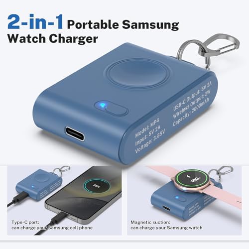 Portable 2-in-1 Watch Charger for Galaxy Watch 7 Ultra – 2000 m Ah High-Capacity Samsung Charger with Keychain for Galaxy Watch Series & Gear S3 – Fast Charging & Enhanced Portability for On-the-Go Power Solutions