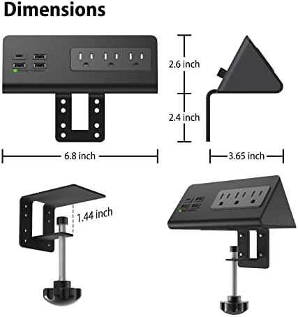 Edge Mount Power Strip with USB-C & AC Outlets – 3 AC Sockets and 4 Fast-Charging USB Ports for Home, Office, and Dorm – Desk Clamp Surge Protector, Compact Design for Enhanced Convenience and Safety – Black (2-Pack)
