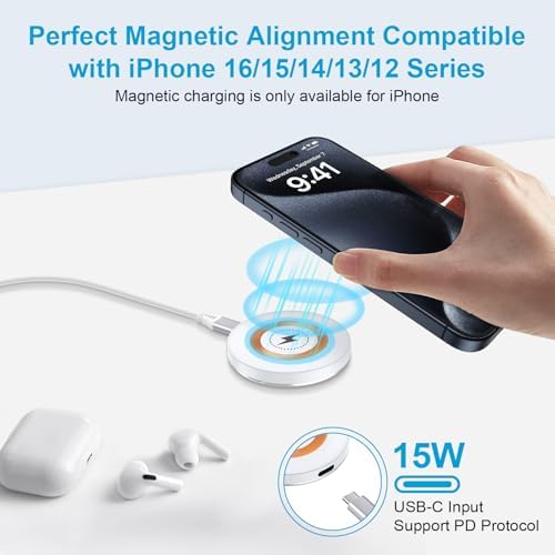 SIXSIM 15 W Magnetic Wireless Charging Pad with 20 W PD3.0 Adapter – Fast & Reliable Charger for Galaxy S25 Series, i Phone 16/15 Pro Max, and Google Pixel 9/8 Pro – Compact & Portable Design for Effortless Charging Anywhere, Supports Through-Case Charging Up to 5 mm – Enhanced Safety Features with Fire-Resistant ABS Material – Ideal for On-the-Go Charging Solutions – Includes 3 ft USB-C to USB-C Cable for Instant Power Connectivity – Elevate Your Charging Experience with Superior Magnetic Attraction and Versatile Compatibility for All Wireless-Charging-Enabled Devices – Perfect for Home, Office, or Travel Use – 24/7 Customer Support for a Hassle-Free Purchase Experience